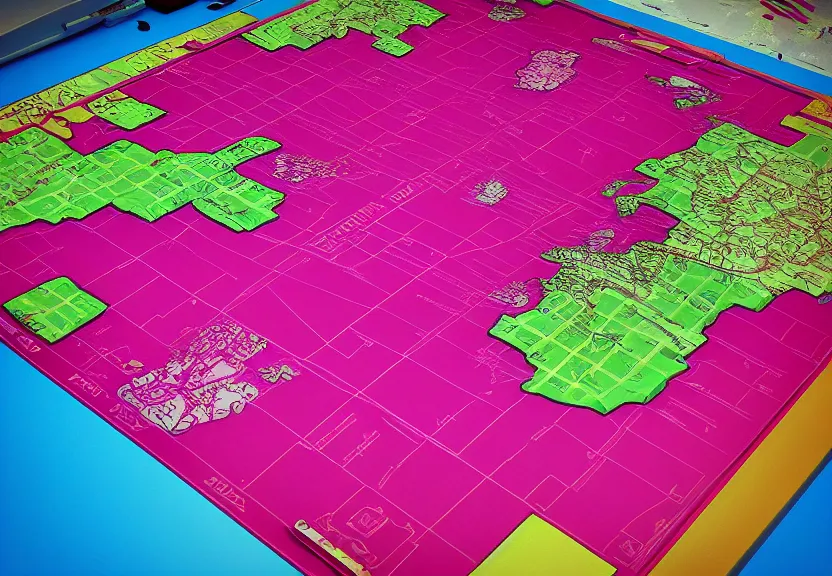 Image similar to “magenta theme, war tactic table with a map on it, unfinished borders, 4k, 3D, view from the side”