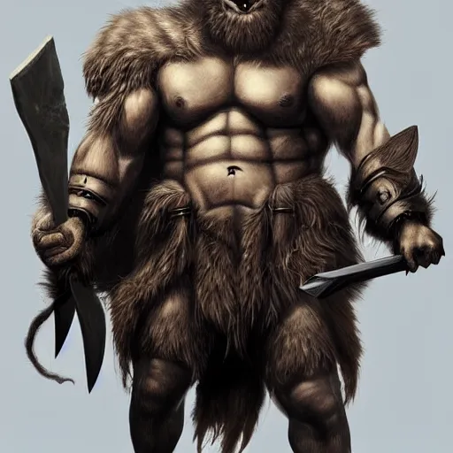 Prompt: Giant minotaur beast warrior with two handed axe, impressive horns, long mane, full body, muscular, dungeons and dragons, hyperrealism, high details, digital painting