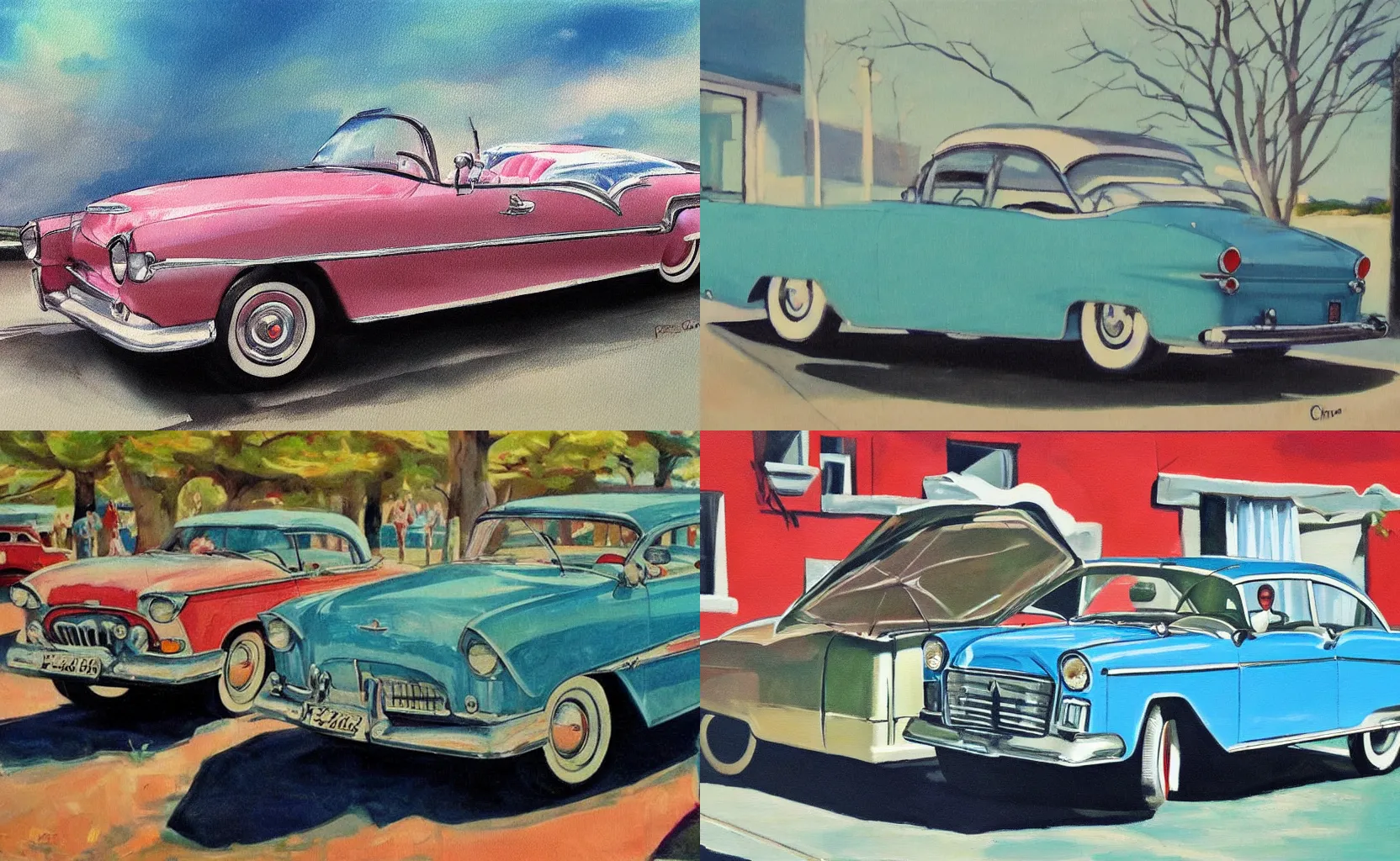 Prompt: vintage 50s car, painting by Peter Chan