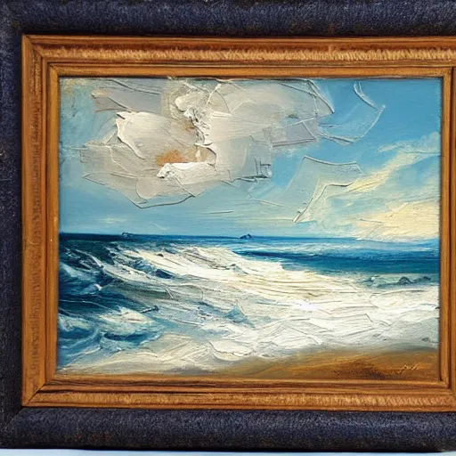 Image similar to thick impasto textured painting of a ocean landscape with beach and shore birds with a storm in the distance