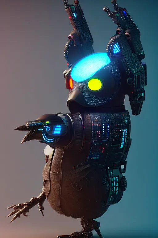 Image similar to high quality 3 d render very cute cyborg crow! incorporated speakers!, cyberpunk highly detailed, unreal engine cinematic smooth, in the style of blade runner & detective pikachu, hannah yata charlie immer, moody light, low angle, uhd 8 k, sharp focus