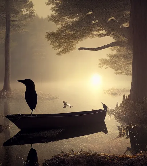 Image similar to three crows in a little boat in a swamp at night, volumetric lighting, fog, majestic light, octane render, ethereal glare of the sun, hyperrealistic, epic, masterpiece, by greg rutkowski