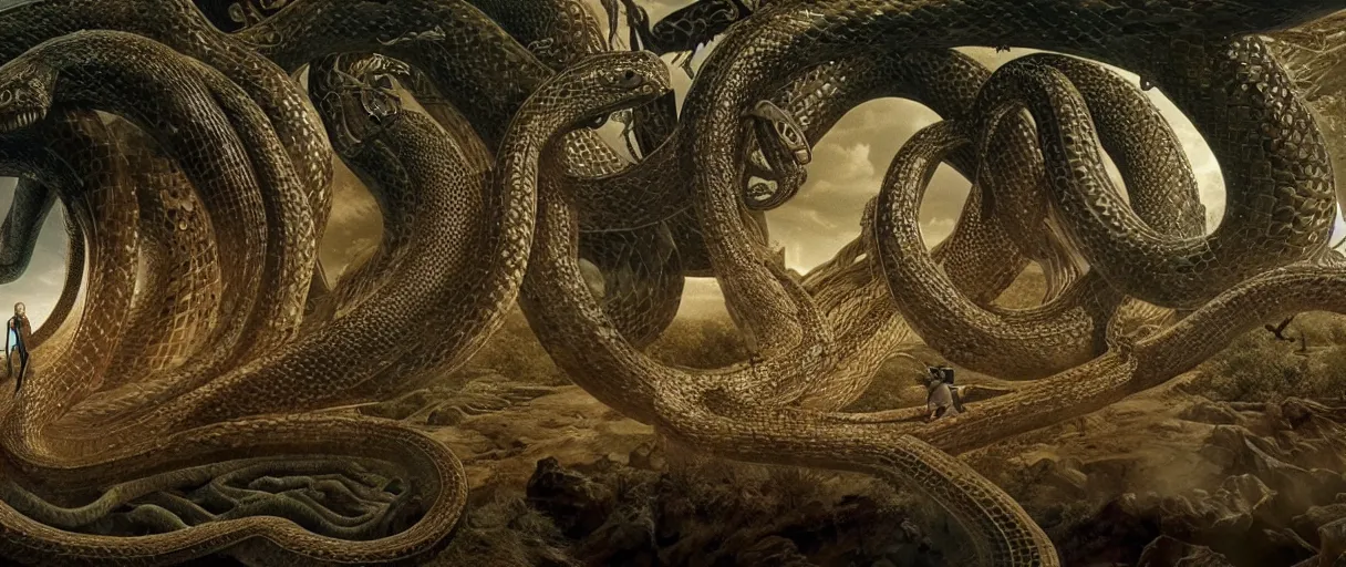 Prompt: a giant snake around the tree of life, high detail, 8k, ornate, dark fantasy, maximalist, realistic, masterpiece, complex, WLOP, film still from the movie directed by Denis Villeneuve with art direction by Salvador Dalí