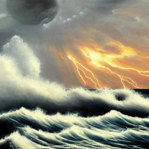 Prompt: This painting depicts a storm scene with thunder and lightning. The dark grey clouds, illuminated with electric light, swirl around the sun, which is painted bright orange. The sea is dark, and roils angrily as the storm rages. You can just make out the silhouette of a ship, being tossed by the waves, and headed towards the rocky coastline