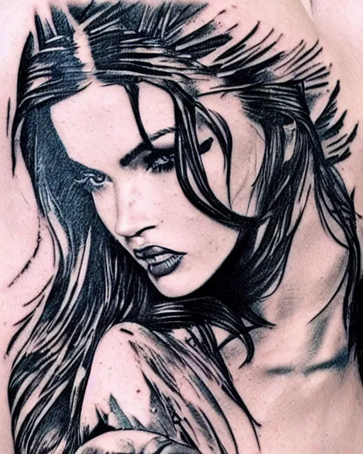 Prompt: double exposure effect tattoo design sketch of megan fox with amazing mountain scenery, realism tattoo, in the style of den yakovlev, amazing detail, sharp