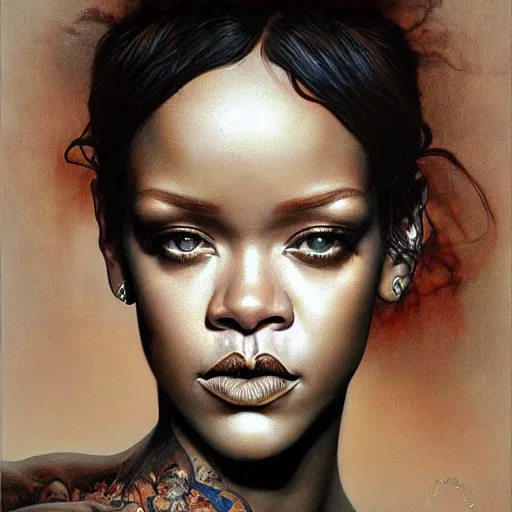 Prompt: rihanna by zdzisław beksinski, iris van herpen, raymond swanland, craig mullins and alphonse mucha. highly detailed, hyper - real, beautiful