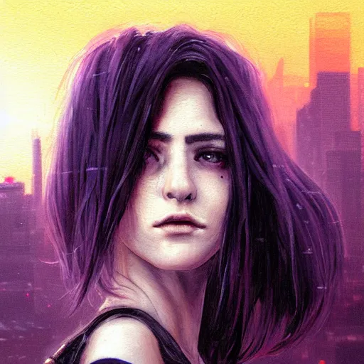 Image similar to molly millions, closeup portrait of a young beautiful cyberpunk woman, white eyes, black hair in a rough shag, sunset, neuromancer, street samurai, cyberpunk city background, megacity, gorgeous view, depth, painted by seb mckinnon, high detail, digital art, painted by greg rutkowski, trending on artstation