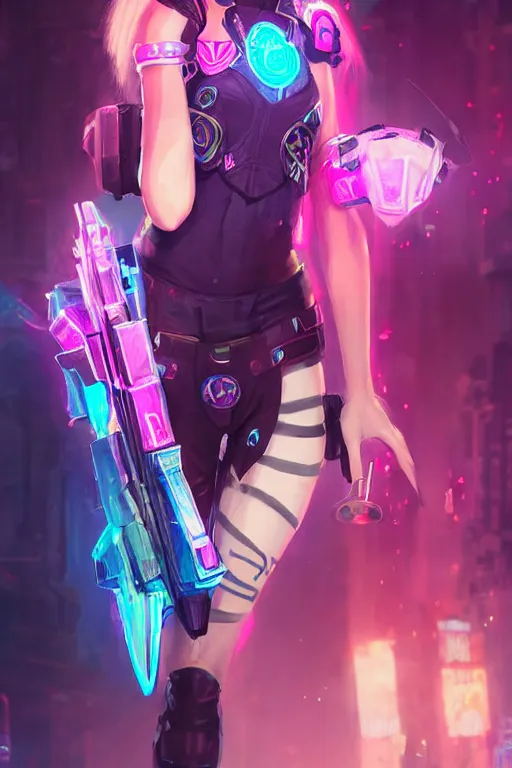 Image similar to cailyn from league of legends, cyberpunk futuristic neon. wearing police uniform, decorated with traditional japanese ornaments by ismail inceoglu dragan bibin hans thoma greg rutkowski alexandros pyromallis nekro rene maritte illustrated, perfect face, fine details, realistic shaded, fine - face, pretty face