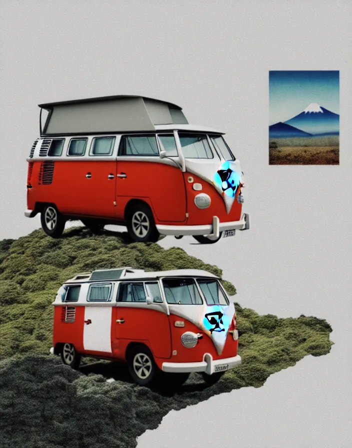 Prompt: vw camper touring rural japan, a collage painting, in the style of wes anderson, lola dupre, david hockney, isolated on negative white space background dark monochrome fluorescent spraypaint accents volumetric octane render, no double figure