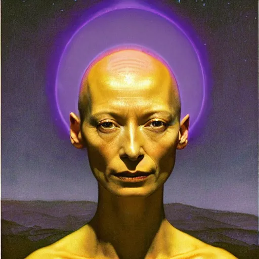 Prompt: whole body shot of a Woman masterpiece, Tilda Swinton, bald, multiple purple halos, blood dripping down the head, yellow, planet earth in the background, golden halo behind her head, wires everywhere, by Edgar Maxence and Ross Tran, Zdzisław Beksiński, and Michael Whelan, gustav dore, H.R. Giger, 8k, octane render