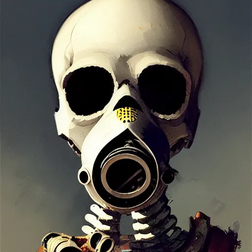 Prompt: A portrait of a skeleton wearing a gas mask, by greg rutkowski