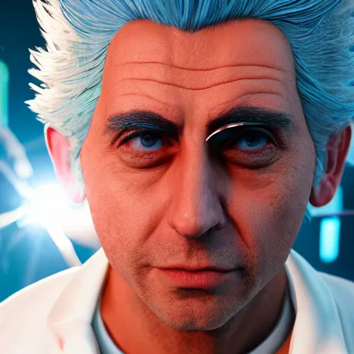 Prompt: portrait art of rick sanchez, lab coat, cyan tshirt, no glasses, 8 k ultra realistic, lens flare, atmosphere, glow, detailed, intricate, full of colour, cinematic lighting, trending on artstation, 4 k, hyperrealistic, focused, extreme details, unreal engine 5, cinematic, masterpiece