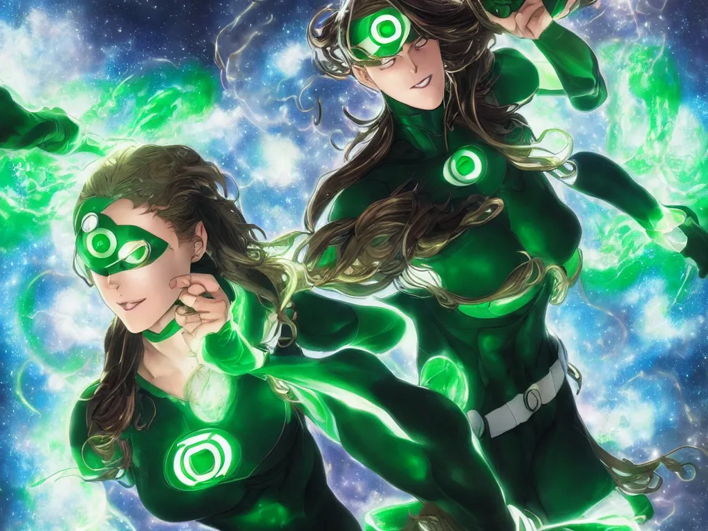 Image similar to anime key visual of one beautiful female green lantern, dc comics, power, hope, glowing, intricate, in space, stunning, highly detailed, digital painting, artstation, smooth, hard focus, illustration, art by artgerm and greg rutkowski and alphonse mucha