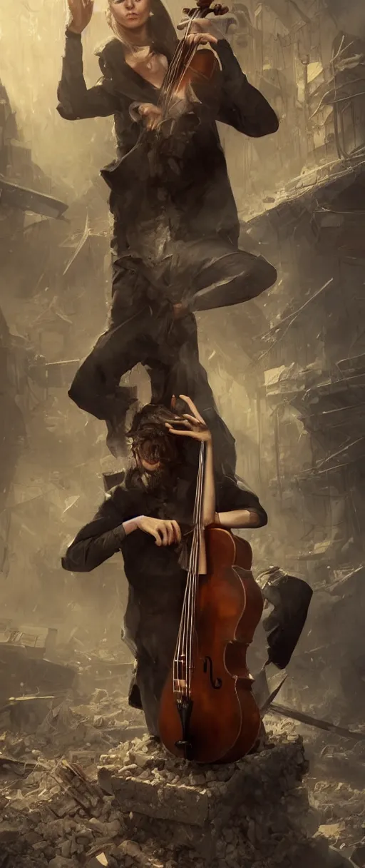 Prompt: a highly deatiled portrait of a cellist playing in the rubble of a fallen building, beautifully lit, concept art, sharp focus, in the style of Bastien Lecouffe-Deharme and steve argyle, artstation HD, octane render