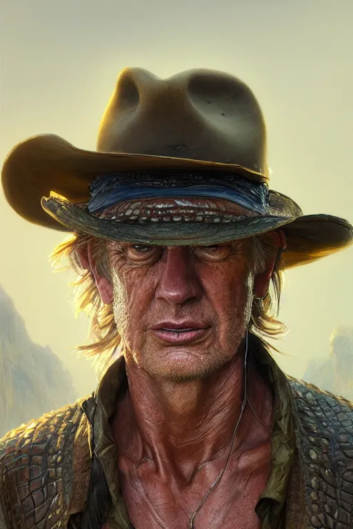 Image similar to ultra detailed close up facial portrait of crocodile dundee, extremely detailed digital painting, in the style of fenghua zhong and ruan jia and jeremy lipking and peter mohrbacher, mystical colors, rim light, beautiful lighting, 8 k, stunning scene, raytracing, octane, trending on artstation