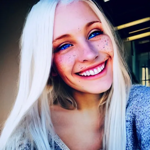 Image similar to beautiful selfie of a cute thin young woman smiling smugly, long light platinum blonde hair, flushed face, small heart - shaped face, cute freckles, light blue eyes, golden hour, 8 k, instagram