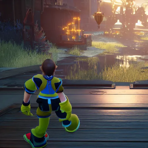 Image similar to Kingdom Hearts 3 as a First Person Shooter game with a HUD, Fallout 4 inspired screenshot of kingdom hearts 3, unreal engine 4, stunning visuals with rtx on, trending on artstation, Disney Square Enix and Fortnite Crossover