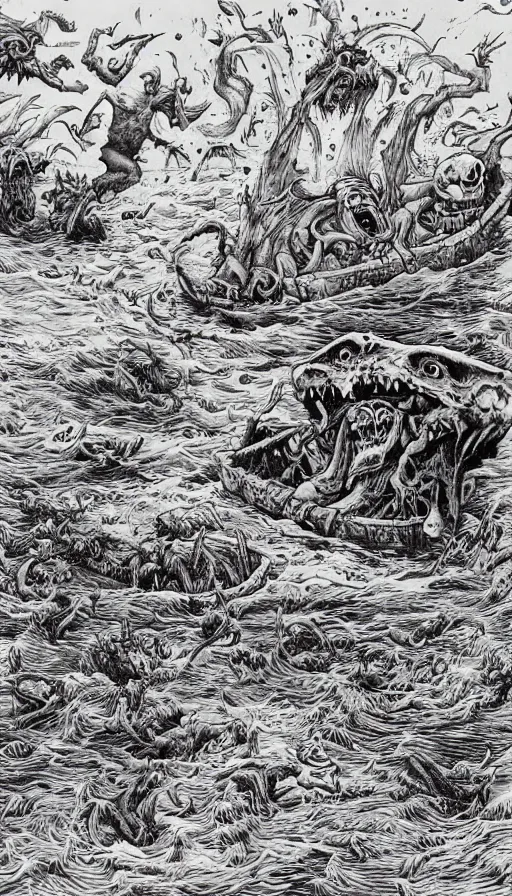 Prompt: man on boat crossing a body of water in hell with creatures in the water, sea of souls, by ed roth