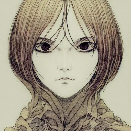 Image similar to prompt: Fragile looking soft light portrait face drawn by Takato Yamamoto and Katsuhiro Otomo, inspired by Ghost in Shell anime, magical and alchemical objects on the side, soft light, monochrome background, intricate detail, intricate ink painting detail, sharp high detail, manga and anime 2000