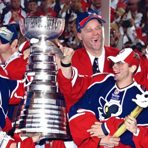 Prompt: Donald duck lifts the Stanley cup trophy as a Philadelphia flyer, 2002, NHL.com