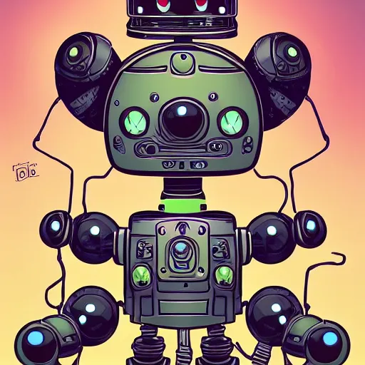 Prompt: a very cute looking robot spider with big eyes, a character portrait by dan mumford, behance contest winner, sots art, 2 d game art, flat shading, steampunk