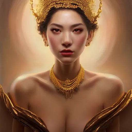 Prompt: expressive oil painting, of alluring european princess, seductive look, smooth glowing skin, glistening body, love, adoration, ornate headpiece made from beads, glamour shot, portrait, by yoshitaka amano, by greg rutkowski, by jeremyg lipkinng, by artgerm, digital art, octane render, white dress