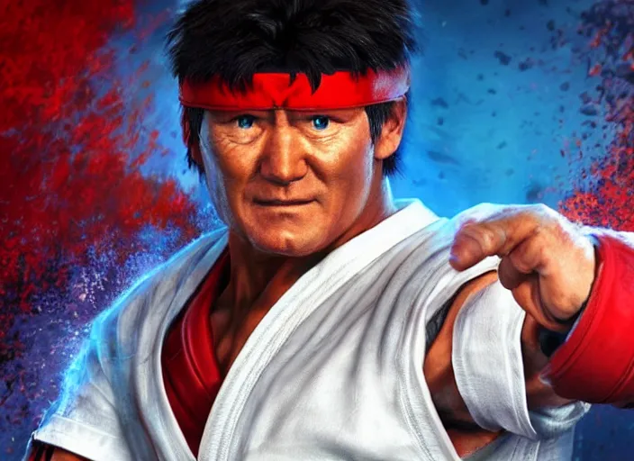 Prompt: action shot of ken barlow as ryu from Street fighter, ultra realistic, detailed, cinematic, concept art, digital art,