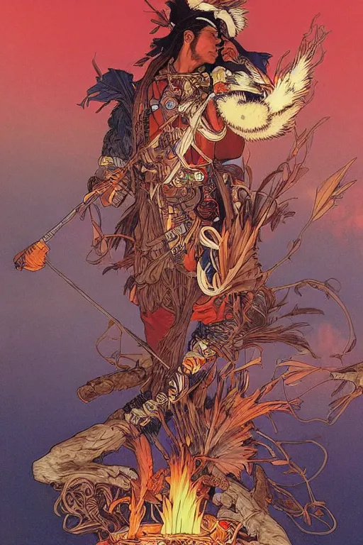 Prompt: serene scene of an apache medicine man telling stories around a fire, by artgerm and yoshitaka amano and moebius and alphonse mucha, hyperdetailed, dc comics, ornate, nebula, explosions in the sky, trending on artstation