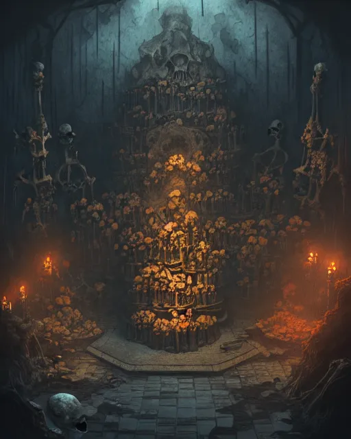 Image similar to full color, low ultrawide interior shot of sedlec ossuary, bones, smooth concept art in anime style mixed with fujifilm, dark, foggy, atmospheric, artstation, cgsociety, rendered, denoise, cinematic masterpiece