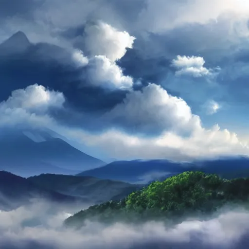 Prompt: clean grassland, mountains in the distance, clouds in the sky, magical realism, surrealism, cloudscape