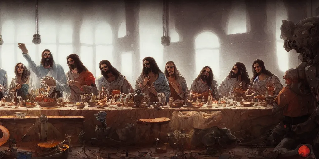 Image similar to the last supper of robots. highly detailed, digital painting, artstation, concept art, smooth, sharp focus, illustration, art by pascal blanche and greg rutkowski and alan blackwell and sylvian boussiron
