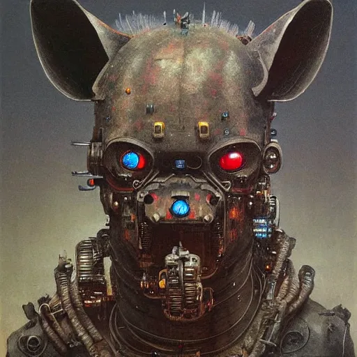 Prompt: hyena robot, cyberpunk, highly detailed quadrupedal cyborg, beksinski style, very detailed painting