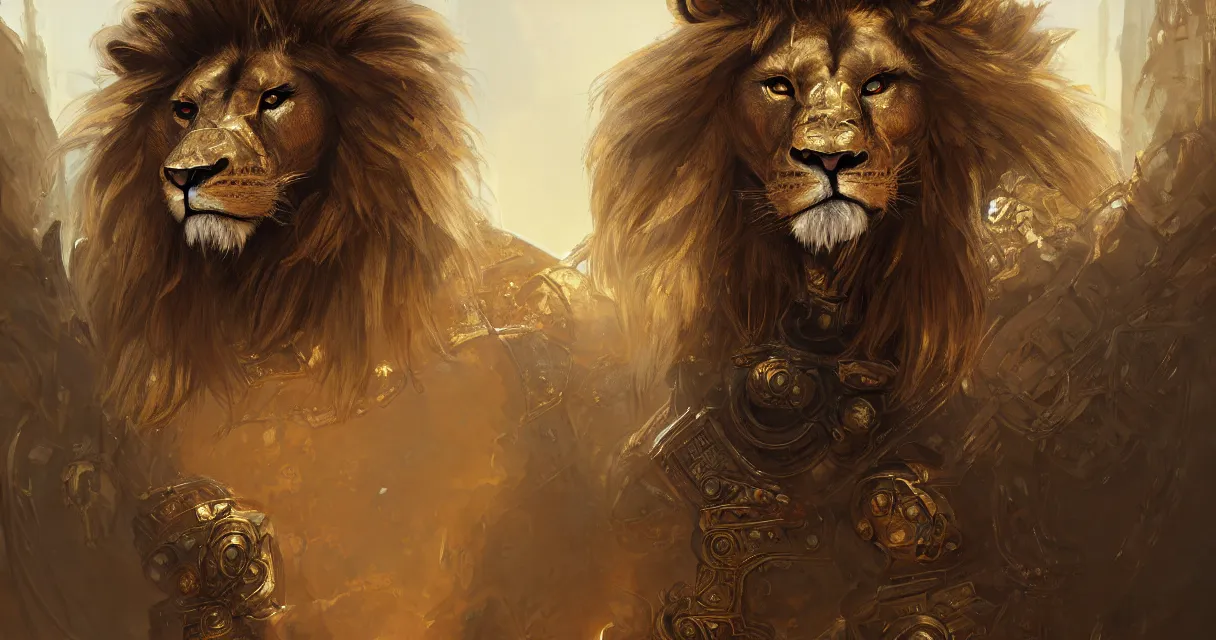 Image similar to portrait muscular anthro furry lion, golden reflected armor, in ruined agora of athens, ssci - fi and fantasy, intricate and very very beautiful and masculine, highly detailed, digital painting, artstation, concept art, frostbite engine, smooth and sharp focus, illustration, art by tian zi and wlop and alphonse mucha