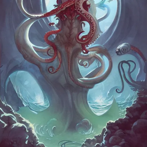 Prompt: cthulu lord of the seas by peter mohrbacher, watercolor