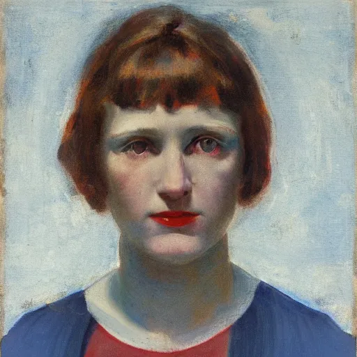 Prompt: portrait in the style of american realism ( 1 9 2 3 ), ultramarine blue, red iron oxide, and titanium white