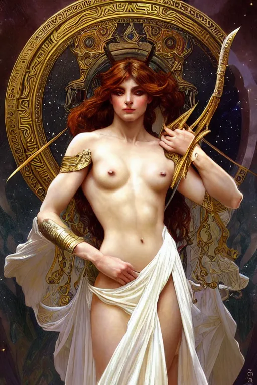 Prompt: painted portrait of artemis fully armored, greek god, feminine, powerful, beautiful, upper body, white robe, muscular, fantasy, intricate, elegant, highly detailed, digital painting, artstation, concept art, smooth, sharp focus, illustration, art by gaston bussiere and alphonse mucha