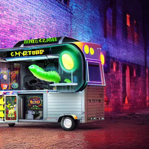 Image similar to a small edible gummi worm candy with cybernetics is for sale from a food truck. the candy is displayed with dramatic product lighting, pearlescent. in the background a dim alley is illuminated by the food truck. digital art, imax 7 0 mm, blade runner, sci - fi, fantasy, fairytale, 4 k, octane 3 d render, ue 5.