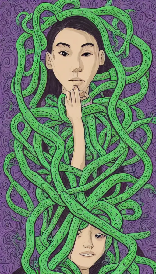 Image similar to very detailed portrait of a 2 0 years old girl surrounded by tentacles, the youg woman visage is blooming from fractal and vines, by rebecca sugar