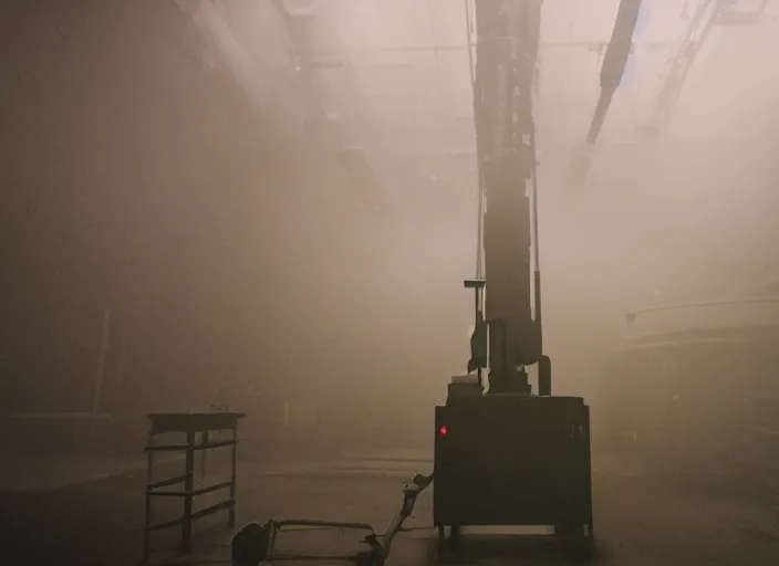 Image similar to close up of an huge machine standing alone in a factory, green ambient light, light fog, creepy, cinematic still, 4k