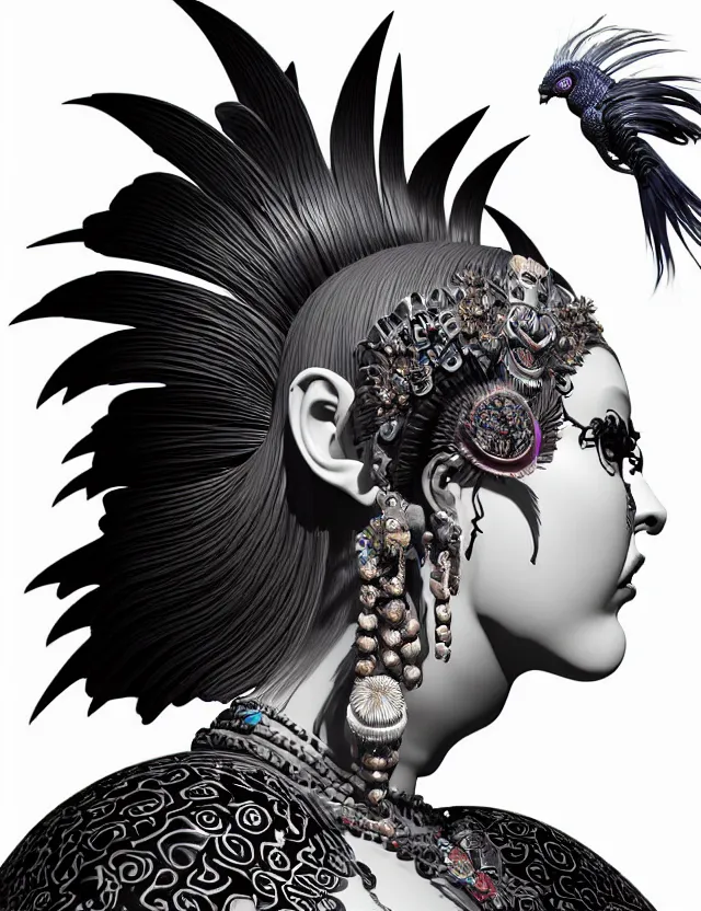 Image similar to 3 d goddess close - up profile portrait punk with mohawk with ram skull. beautiful intricately detailed japanese crow kitsune mask and clasical japanese kimono. betta fish, jellyfish phoenix, bio luminescent, plasma, ice, water, wind, creature, artwork by tooth wu and wlop and beeple and greg rutkowski