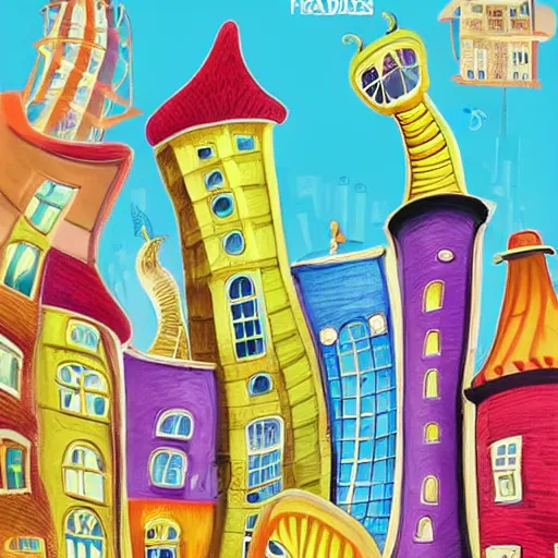 Image similar to fanciful city filled with curvy buildings, by dr seuss, towers, platforms, arches, bridges, stairs, colorful kids book illustration