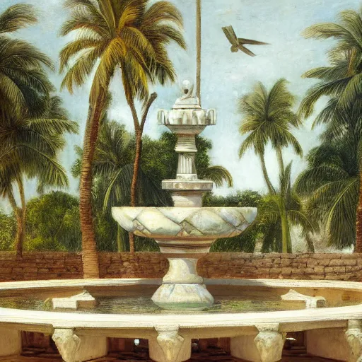 Image similar to a ultradetailed beautiful painting of a old fountain in the amazonas palace balustrade designed by jules bastien - lepage, tarsila do amaral, frank weston and gustave baumann, beach, trending on artstation, mediterranean, palm trees, sharp focus, soft light, 8 k 4 k