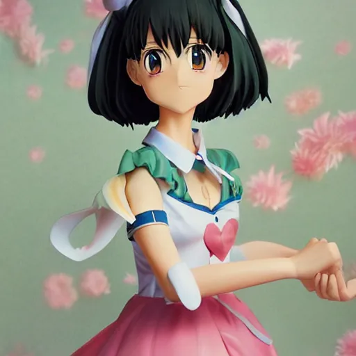 Prompt: Key visual manga book cover portrait of an extremely cute and adorable beautiful anime girl transforming into her magical girl outfit, 3d render diorama by Hayao Miyazaki, official Studio Ghibli still