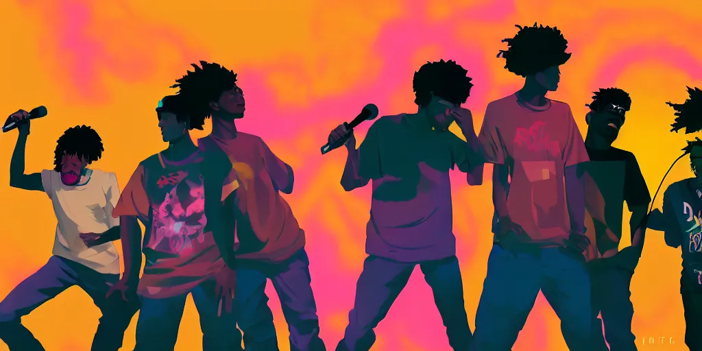 Image similar to friends rapping with microphone in living room, asian, black, caucasian, hispanic, indian, epic pose, silhouetted, distinct, digital art, vaporwave, psychedelic, surreal, hip hop, trending on Artstation, professional artist, detailed, 4k