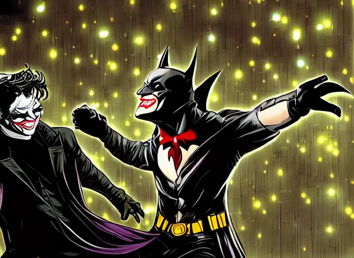 Image similar to Batman and Joker dance together， Ben day dots