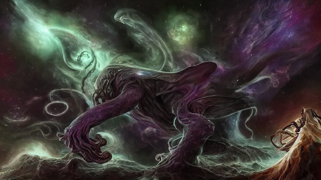 Image similar to cosmic cthulhu in dark space, nebula in background, by lovecraft, details face, detailed body, realistic body proportions, unreal engine, by popular digital artist, digital, artstation, detailed body, heavenly atmosphere, digital art, overdetailed art, trending on artstation, cgstudio, the most beautiful image ever created, dramatic, award winning artwork, beautiful scenery