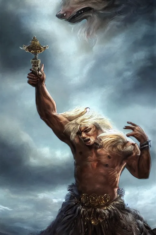 Image similar to Dog as a god, detailed face, gorgeous, amazing, flowing hair, very muscular male body, partial anatomy, stormy background, caesar victorious, proud Emperor, crepuscular ray, intricate, highly detailed, 8K, digital painting, fantasy, artstation, concept art, sharp focus, over-shoulder shot, illustration, art by Wayne Barlowe and alphonse mucha