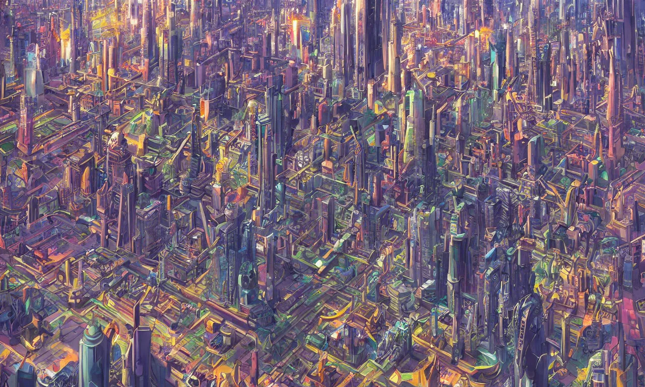 Image similar to futuristic city, illustration painting, oil on canvas, intricate, hd, digital art, overdetailed art, complementing colors, detailed, illustration painting by alex gray, digital art, moebius