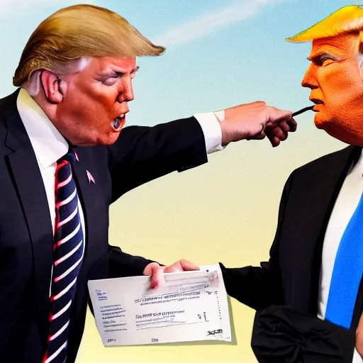 Image similar to full body photo of a donald trump receiving brown corruption envelope in a realistic photo style