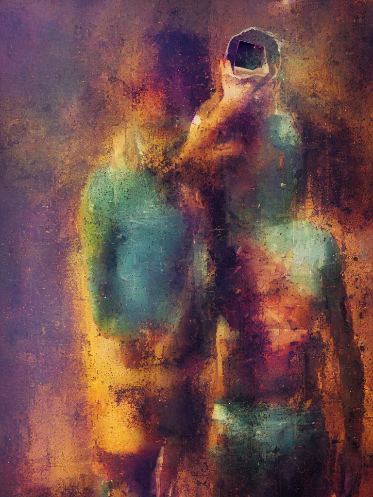 Prompt: a beautiful glitched oil painting by robert proch of a man standing with his phone in front of a bathroom mirror, anatomy study of the human nervous system, color bleeding, pixel sorting, copper oxide and rust materials, brushstrokes by jeremy mann, cold top lighting, pastel purple background